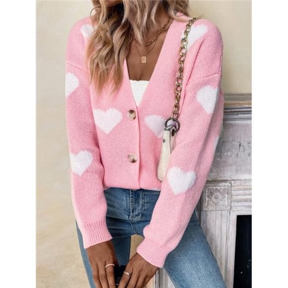 Heart Button Up Cardigan-Pink/White - Picture 1 of 6